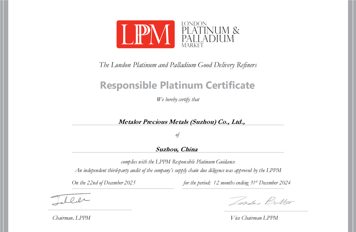 美泰乐贵金属获得伦敦铂钯市场协会（LPPM）交割商资质国际权威认证